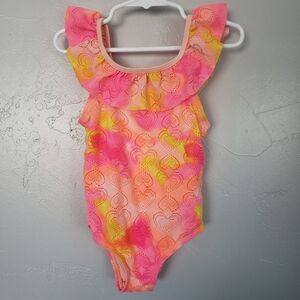 Wonder Nation Toddler Girl 4T One Piece Swim Suit Neon Orange Pink Yellow Hearts